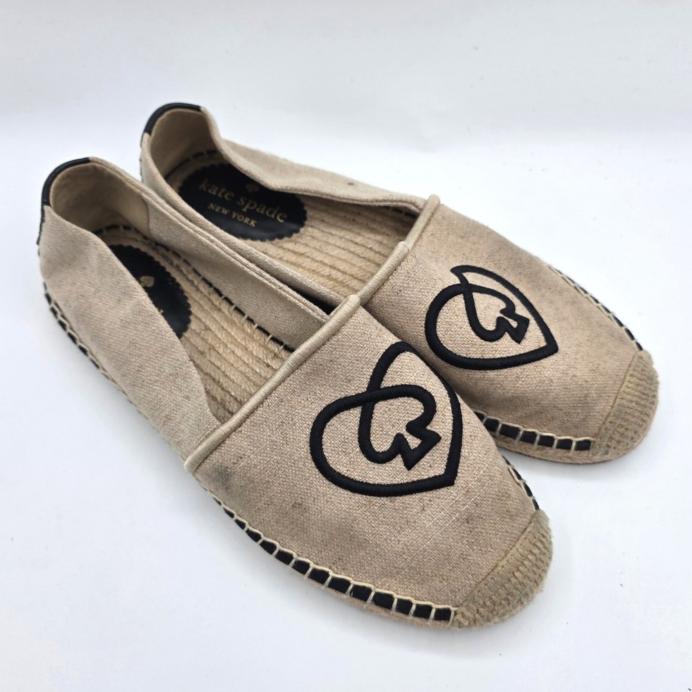 Kate Spade New York Gwen Heart Spade Espadrilles Beige Canvas Flats 7.5